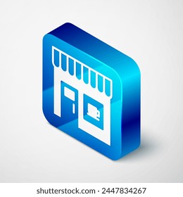 Isometric Coffee shop icon isolated on grey background. Blue square button. Vector