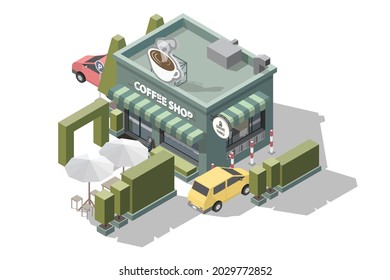 Isometric coffee shop with a sign or logo on top in the shape of a large coffee cup 3D model of a coffee shop and Drive Thru take away pick up point vector illustration isolated on white background
