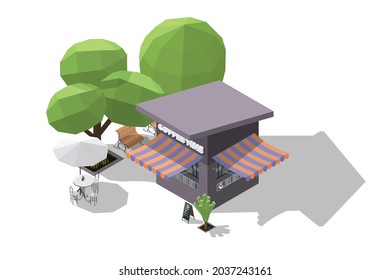 Isometric coffee shop or small garden cafe and bench to sit and wait 3D model of a coffee shop and outdoor seat vector illustration isolated on white background