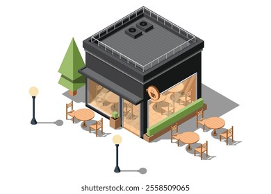 Isometric coffee shop. Isometric vector cafe building. Isometric exterior of coffee shop