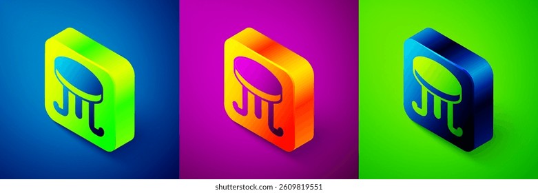 Isometric Coffee table icon isolated on blue, purple and green background. Street cafe. Square button. Vector