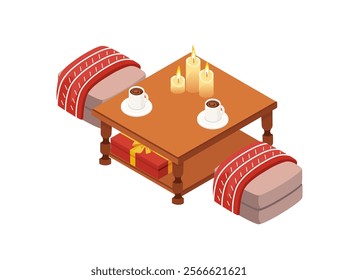 Isometric coffee table setup with teacups, candles. Great for cozy home decor projects, furniture catalogs, or lifestyle branding. Vector illustration isolated on white background