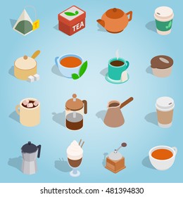 Isometric coffee and tea icons set. Universal coffee and tea icons to use for web and mobile UI, set of basic coffee and tea elements vector illustration