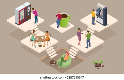 Isometric coffee time concept. Self-service coffee machines offer consistent quality coffee.