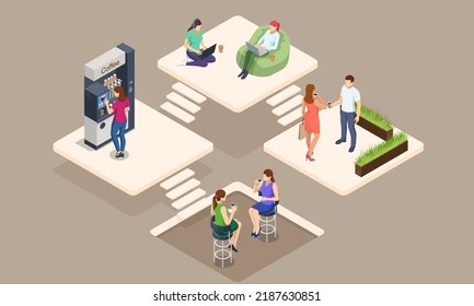 Isometric coffee time concept. Self-service coffee machines offer consistent quality coffee.