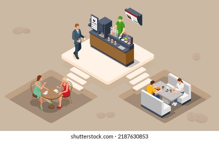 Isometric coffee time concept. Self-service coffee machines offer consistent quality coffee.