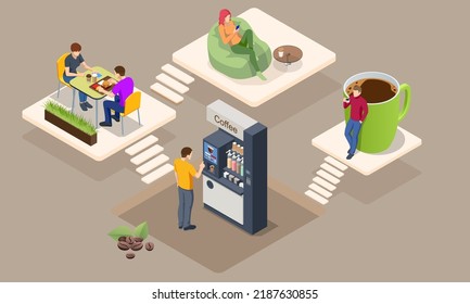 Isometric Coffee Time Concept. Self-service Coffee Machines Offer Consistent Quality Coffee.