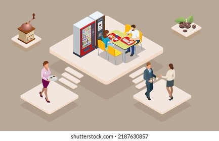 Concepto de tiempo de café isométrico. Las cafeteras de autoservicio ofrecen un café de calidad constante.