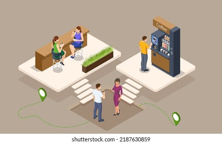 Isometric coffee time concept. Self-service coffee machines offer consistent quality coffee.