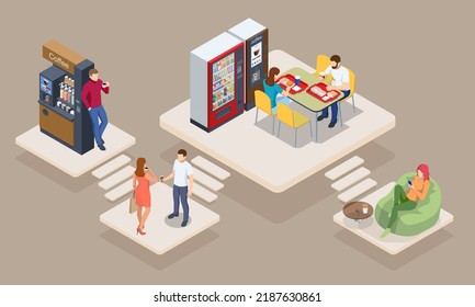 Isometric coffee time concept. Self-service coffee machines offer consistent quality coffee.