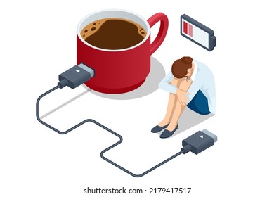 Isometric Coffee Time, Energy From Coffee. Caffeine Addicted Person Charging Battery.