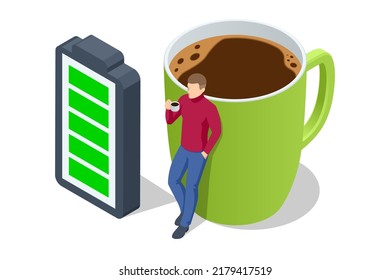 Isometric Coffee Time, Energy From Coffee. Caffeine Addicted Person Charging Battery.