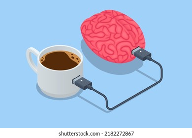 Isometric Coffee Time, Energy From Coffee. Caffeine Addicted Person Charging Battery. Brain