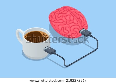 Isometric Coffee Time, Energy From Coffee. Caffeine Addicted Person Charging Battery. Brain