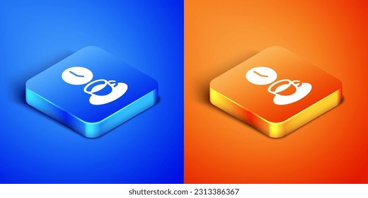 Isometric Coffee time icon isolated on blue and orange background. Square button. Vector