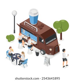 Isometric coffee truck. People on business lunch break buy drinks and snack at street seller point. Food time, outdoor meeting with friend flawless vector scene