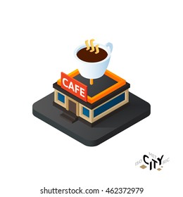 Isometric coffeehouse cafe flat icon isolated on white background, building city infographic element, digital low poly graphic, vector illustration