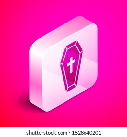 Isometric Coffin with christian cross icon isolated on pink background. Happy Halloween party. Silver square button. Vector Illustration