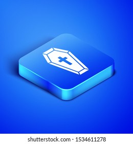Isometric Coffin with christian cross icon isolated on blue background. Happy Halloween party. Blue square button. Vector Illustration