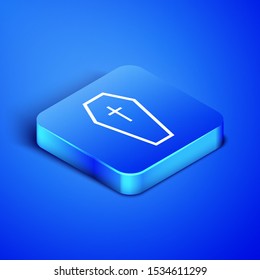 Isometric Coffin with christian cross icon isolated on blue background. Happy Halloween party. Blue square button. Vector Illustration