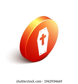 Isometric Coffin with christian cross icon isolated on white background. Happy Halloween party. Orange circle button. Vector