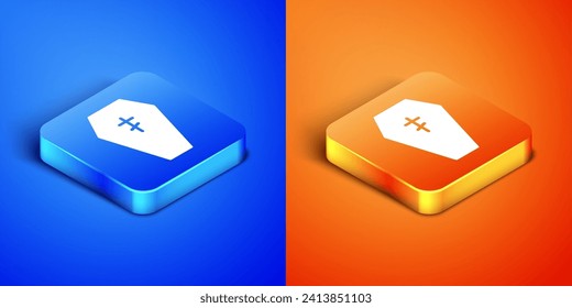 Isometric Coffin with christian cross icon isolated on blue and orange background. Happy Halloween party. Square button. Vector