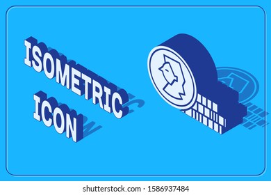 Isometric Coin for game icon isolated on blue background.  Vector Illustration