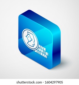 Isometric Coin for game icon isolated on white background. Blue square button. Vector Illustration