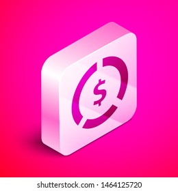 Isometric Coin money with dollar symbol icon isolated on pink background. Banking currency sign. Cash symbol. Silver square button. Vector Illustration