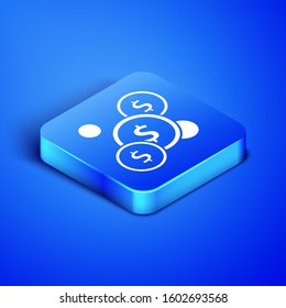 Isometric Coin money with dollar symbol icon isolated on blue background. Banking currency sign. Cash symbol. Blue square button. Vector Illustration