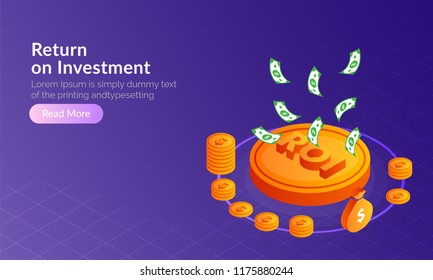 Isometric coin stacks with banknote on shiny blue background, web template design for Return On Investment (ROI) concept.