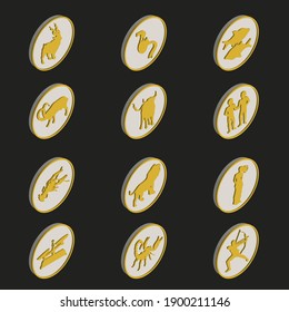 isometric coins zodiac signs icons set