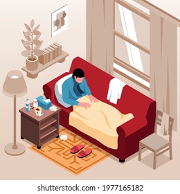 Isometric Cold Flu Composition With Home Scenery And Sick Person Lying On Sofa With Medical Drugs Vector Illustration