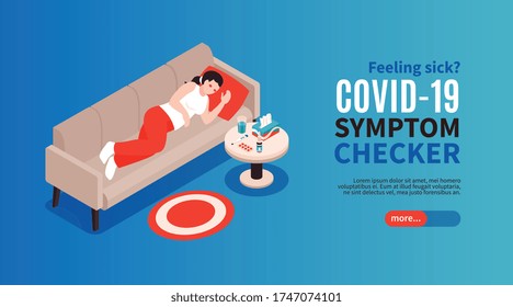 Isometric cold flu coronavirus symptom checker horizontal banner with text more button and sick person character vector illustration
