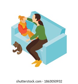 Isometric cold flu virus composition with mother touching forehead of her daughter vector illustration