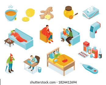 Isometric Cold Flu Virus Icon Set With Sick People Thermometers Sick Child Cold Treatment Vector Illustration