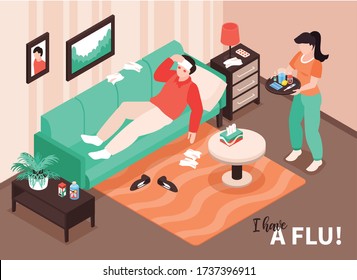 Isometric Cold Flu Virus Sick Composition With Home Interior Scenery And Patient On Sofa Having Temperature Vector Illustration