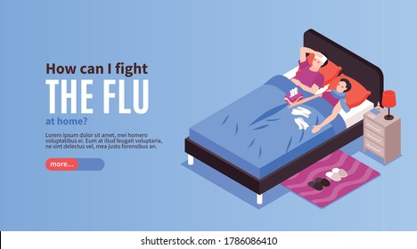 Isometric cold flu virus sick horizontal banner with characters of couple in bed having high temperature vector illustration