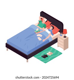 Isometric Cold Flu Virus Sick People Composition With Characters Of Sick Couple In Home Bed Vector Illustration