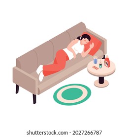 Isometric cold flu virus sick people composition with female character lying on sofa with medication vector illustration