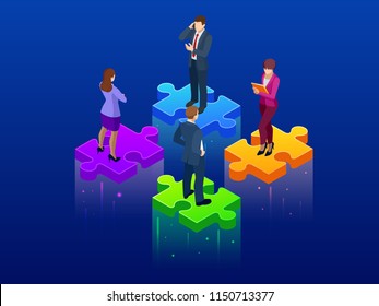 Isometric Collaboration And Teamwork Concept. Simple 4 Piece Puzzle Wallpaper. Vector Illustration