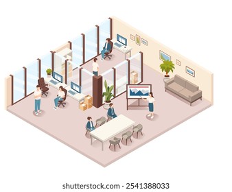 Isometric collaborative office space with multiple employees working in an open-plan area. Teamwork, productivity, and modern workspace design. Ideal for business and teamwork Vector illustration.