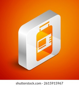 Isometric Collagen serum and vitamin icon isolated on orange background. Facial treatment essence skin care cosmetic. Silver square button. Vector