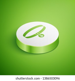 Isometric Collar with name tag icon isolated on green background. Supplies for domestic animal. Dog or cat paw print. Cat and dog care. Pet chains. White circle button. Vector Illustration