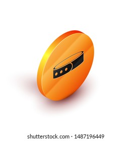 Isometric Collar with name tag icon isolated on white background. Simple supplies for domestic animal. Cat and dog care. Pet chains. Orange circle button. Vector Illustration