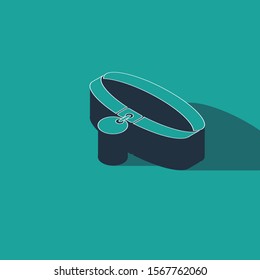 Isometric Collar with name tag icon isolated on green background. Simple supplies for domestic animal. Cat and dog care. Pet chains.  Vector Illustration