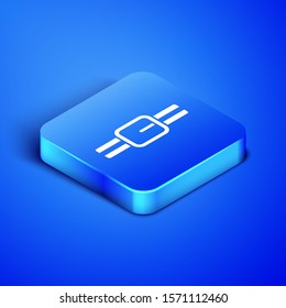 Isometric Collar with name tag icon isolated on blue background. Simple supplies for domestic animal. Cat and dog care. Pet chains. Blue square button. Vector Illustration