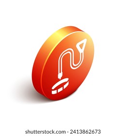 Isometric Collar with name tag icon isolated on white background. Simple supplies for domestic animal. Cat and dog care. Pet chains. Orange circle button. Vector