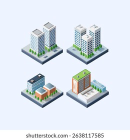 Isometric Collection of Diverse Urban Buildings and Residential Structures