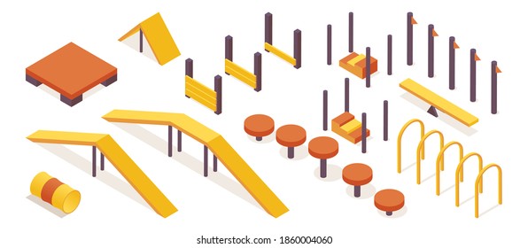 Isometric collection of dog agility training equipment isolated on white background. Orange and yellow objects good for outdoor pet school design 